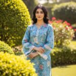 Azure Sky - Floral Printed Lawn Kurti with Lace Detailing