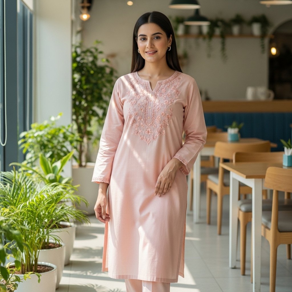 Whisk_d42419a71b1c205b4384f673bd6b5d13dr Peach Blossom - Floral Embroidered Cotton Stitched Kurti - Image 1