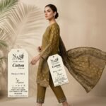 Noor-e-Azal – Embroidered Cotton 3-Piece (Olive Mustard) - Image 3