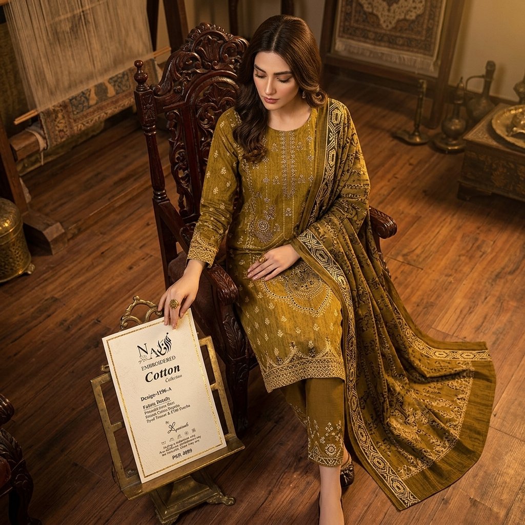 Noor-e-Azal – Embroidered Cotton 3-Piece (Olive Mustard) - Image 2