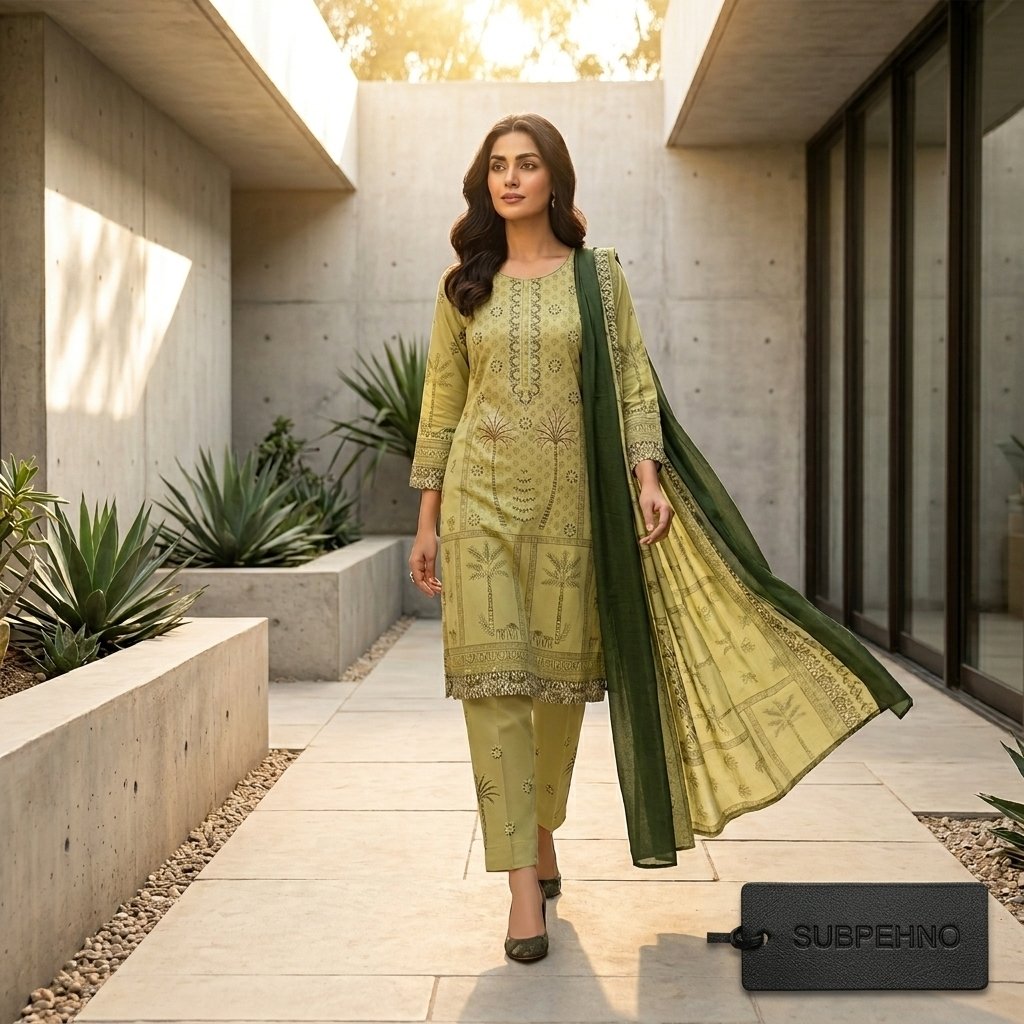 Model_walking_through_courtyard_202605060044 Noor e Azal – Olive Green & Mustard Embroidered Lawn - Image 1