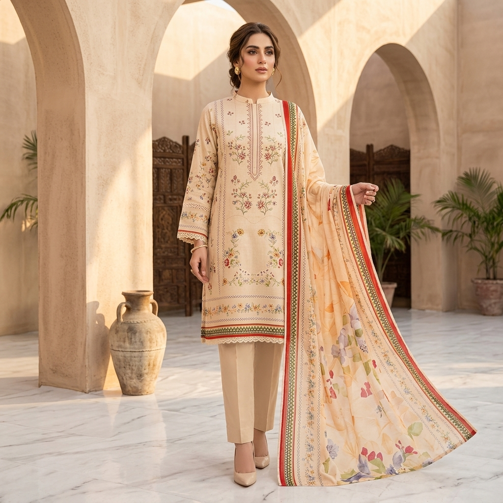 Model_wearing_beige_floral_suit_202605020233 Subpehno Heritage Collection: 'Amisah' Beige Floral 3-Piece Suit - Image 1