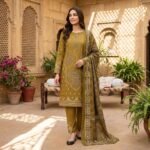 Noor-e-Azal – Embroidered Cotton 3-Piece (Olive Mustard)