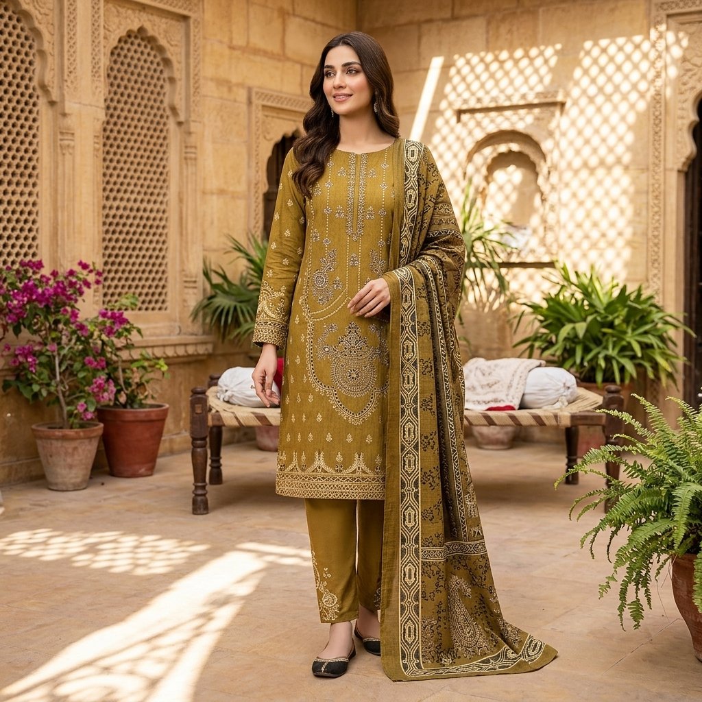Model_wearing_embroidered_suit_202605040850 Noor-e-Azal – Embroidered Cotton 3-Piece (Olive Mustard) - Image 1