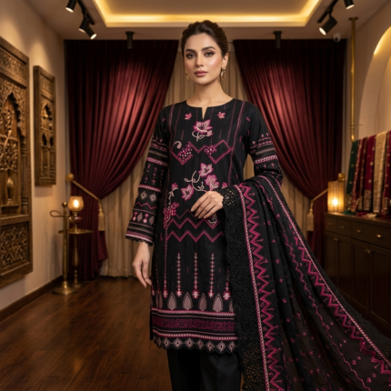 Bagh-e-Makhmal – Premium Embroidered Cotton (Black & Pink)