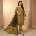 Noor e Azal – Olive Green & Mustard Embroidered Lawn - Image 2